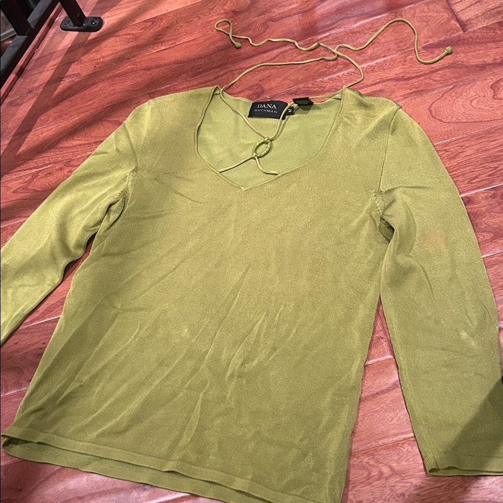 Dana Buchman Vintage Knit Lime Green V-Neck Beaded Tassle LS Blouse Size Medium
